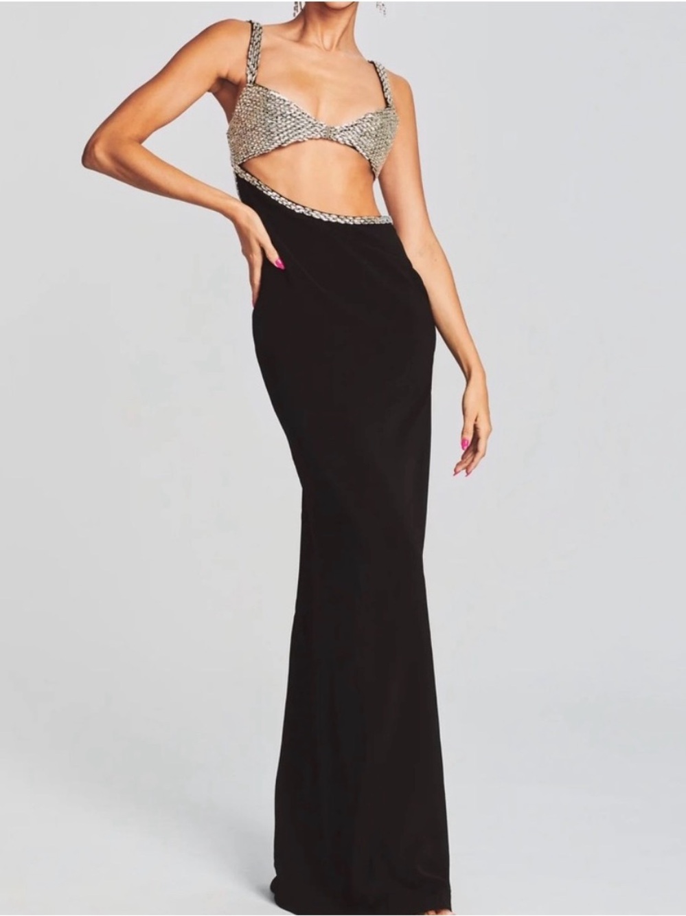 Retrofete Black Gown with Crystal-Trim Bodice and Cutout